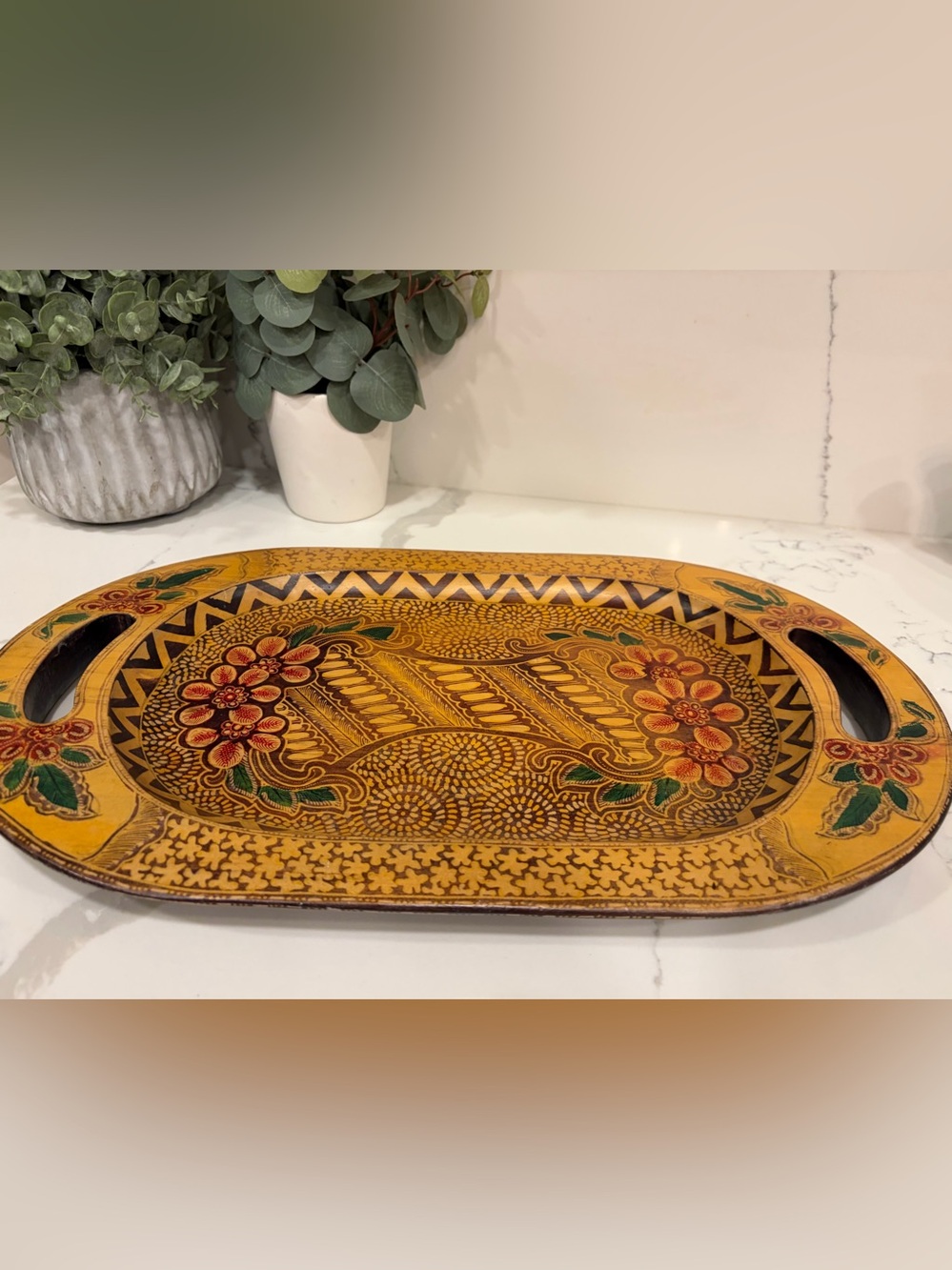 Vintage 1970s Hand Carved Wood Serving Tray Oval Handles Floral Motif 18"